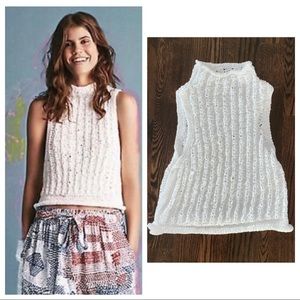 Anthropologie Moth White Cabled Knit Mock Neck Top